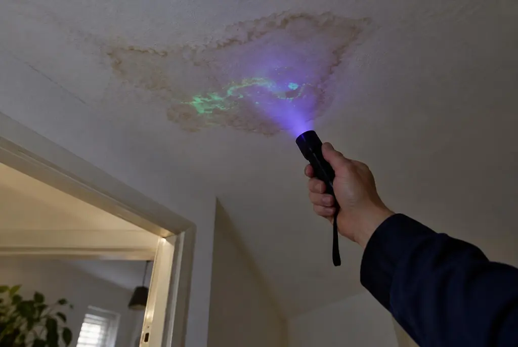 Lekdetectie Leiden – kleurstof controleren op het plafond met uv-licht