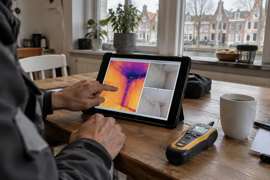 Lekdetectie Leiden – lekdetectierapport met warmtebeelden en foto's op een tablet
