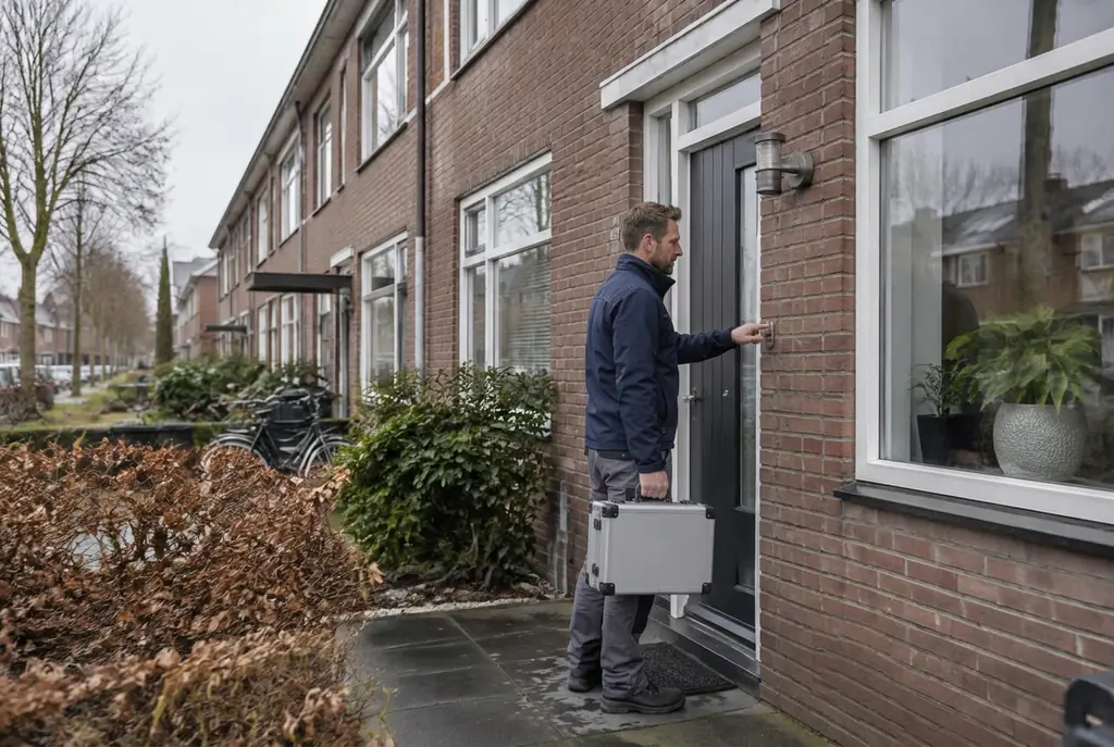 Lekdetectiespecialist met meetkoffer bij de voordeur van een woning in Leiden
